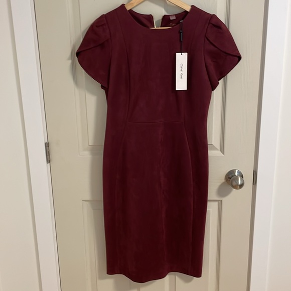 Calvin Klein | Burgundy Suede Tulip Sleeve Dress - Picture 5 of 8